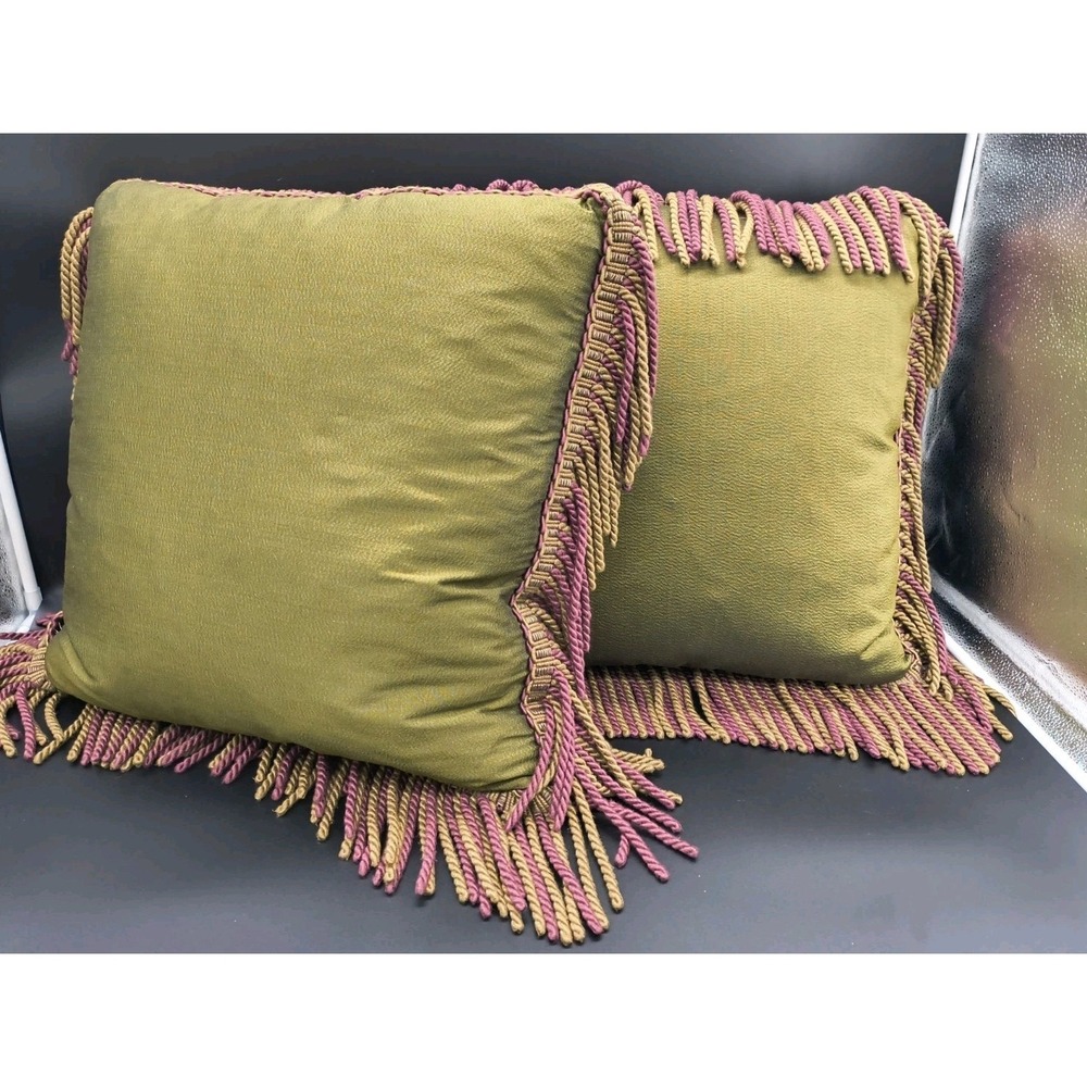 Olive Green Fringe Accent Pillow - Decorative Throw Pillow